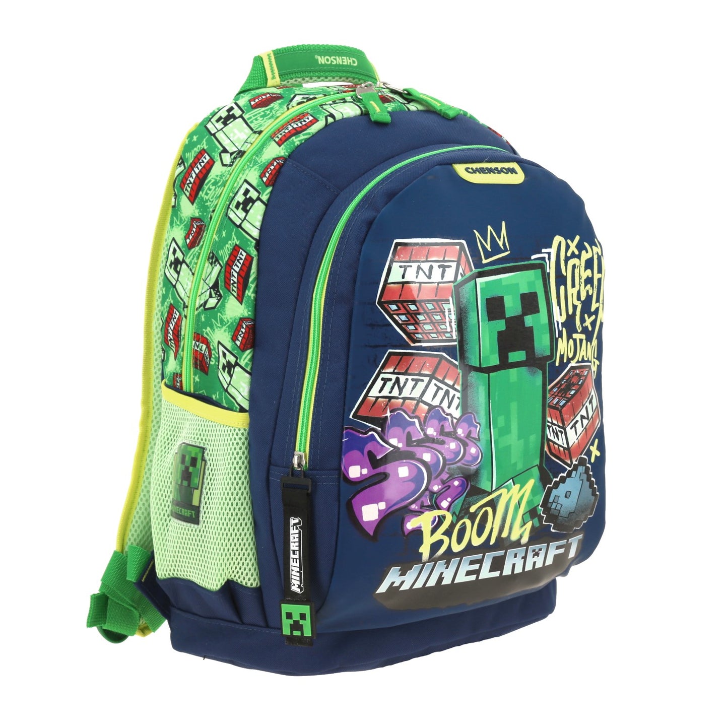 Mochila Chenson Minecraft modelo BANSK color azul con verde