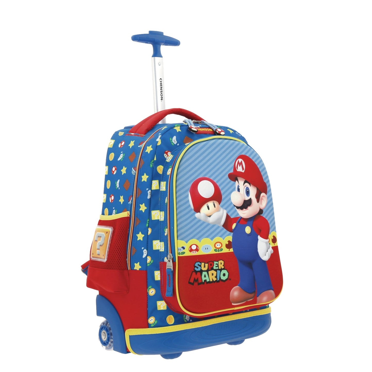 Mochila Chenson Super Mario Bros modelo MUSH con RUEDAS color rojo con azul y amarillo