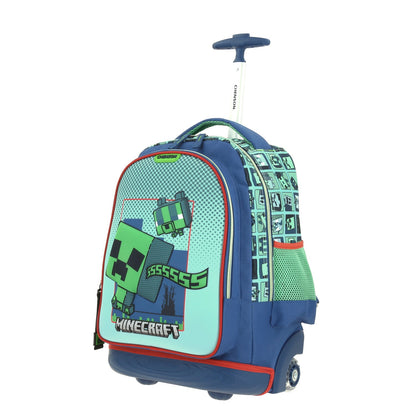 Mochila Chenson Minecraft modelo BLIPER color azul con verde con RUEDAS