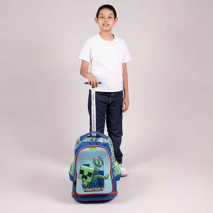 Mochila Chenson Minecraft modelo BLIPER color azul con verde con RUEDAS